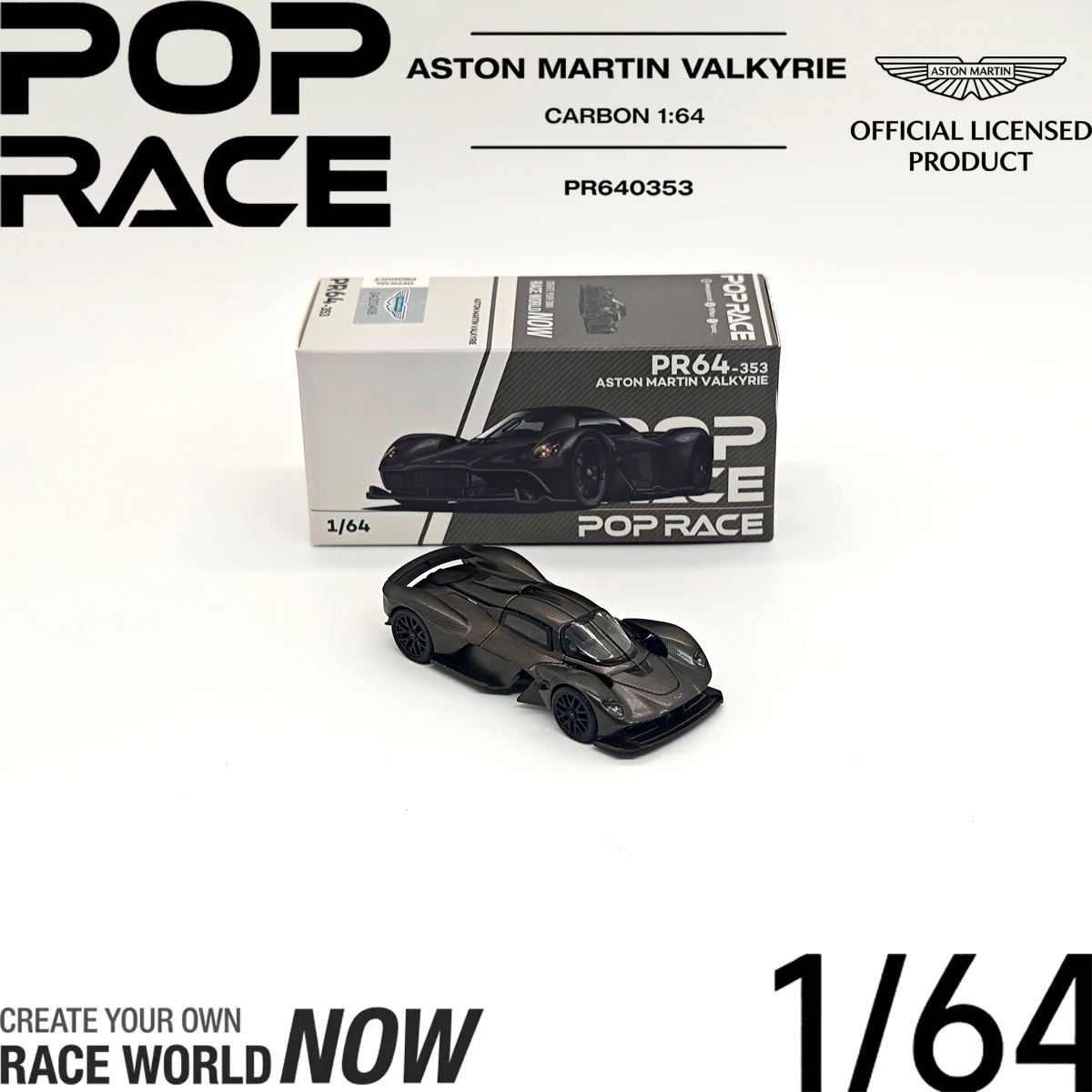 En stock : POP RACE 1:64, modèle de voiture Aston Martin Valkyrie avec finition carbone, voiture miniature en métal, modèle officiel sous licence, hypercar, prêt à être expédié, PR640353.