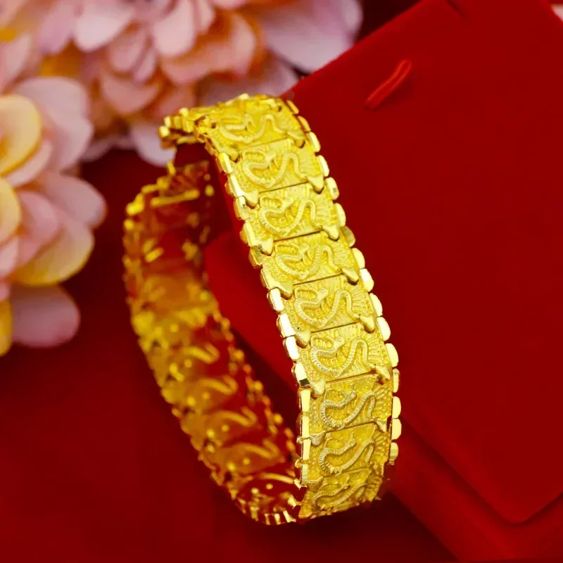 

9999 Real Gold 24K Yellow Dragon Pattern Watch Chain Wide Gold Bracelet Male Domineering Row Bracelet Thick Width 20mm