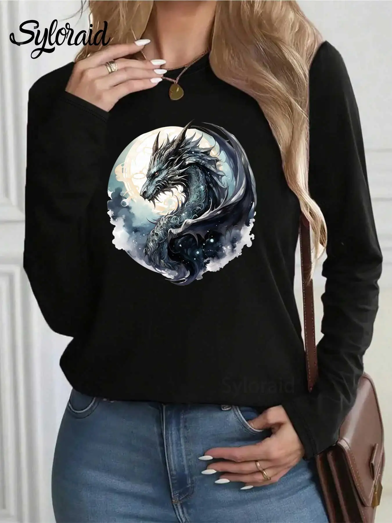 レディース長袖Tシャツ 天体ドラゴングラフィックTシャツ ファッションラウンドネックカジュアルトップ