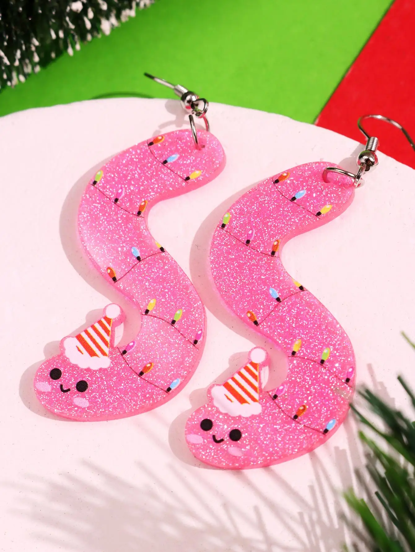 Christmas Pink Glitter S Shaped Cute Smiley Face Earrings for Women Acrylic Resin Long Earrings Women's Jewelry Holiday