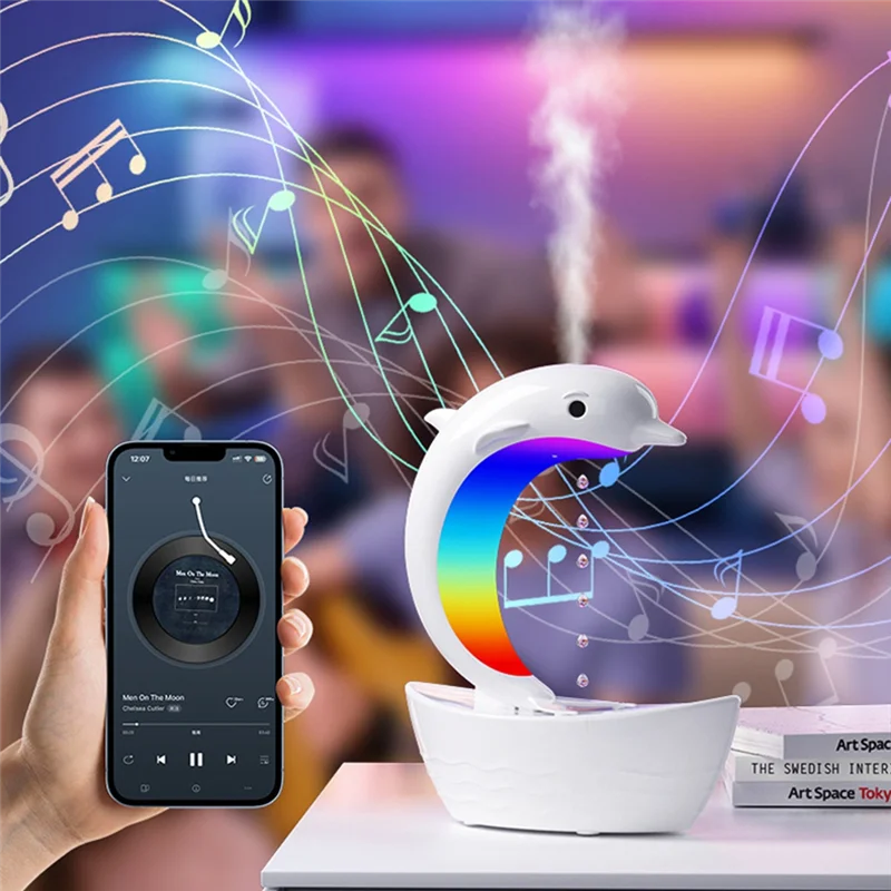 AB15-Dolphin Water Droplet Humidifier سمّاعات بلوتوث، مرطب ذو لون فاتح، أضواء ملونة
