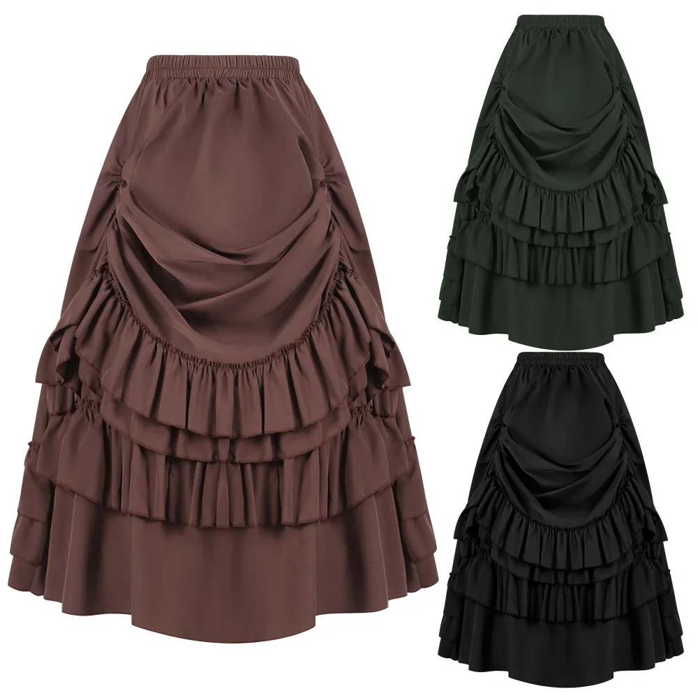 Victorian Medieval Ruffled Satin & Lace Trim Gothic Skirts Women Corset Skirt Pirate Costume New Cosplay Vintage Steampunk Dress