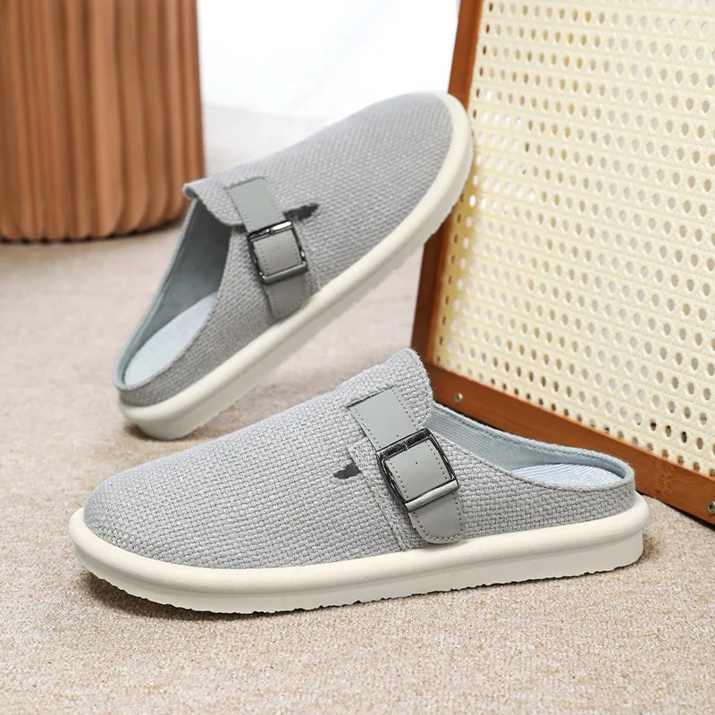 2025 الرجال الكتان المغطاة تو الشرائح الصيف تنفس داخلي شباشب لخارج المنزل حجم كبير الراحة مكتب تخفيف الأحذية غير رسمية #1