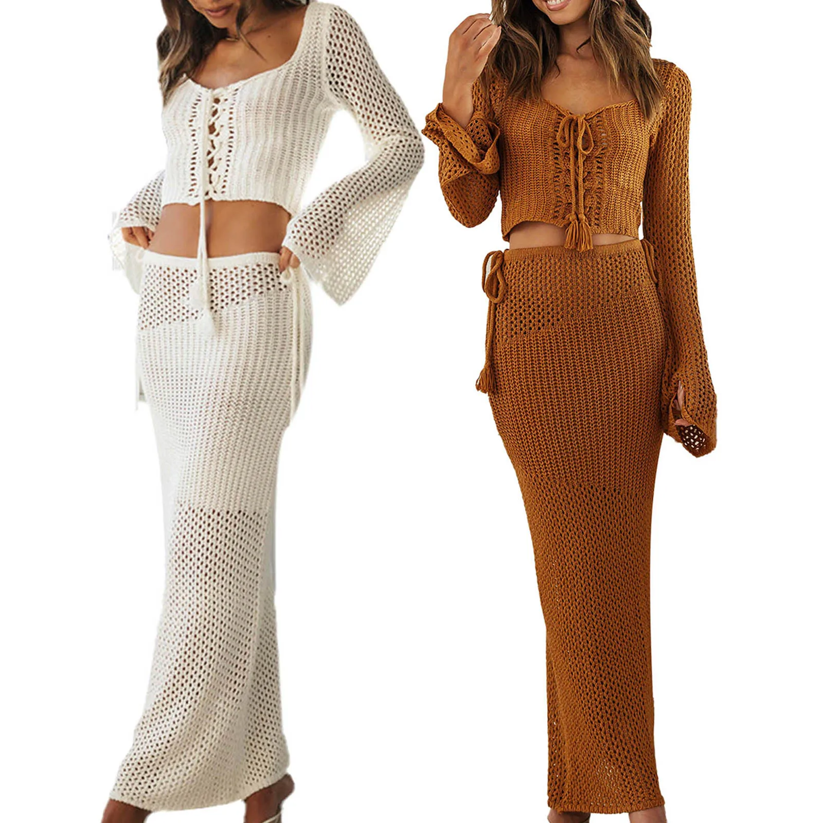 Yiiciovy Sexy Womens 2 PCS Summer Outfits Beach Cover-Ups Long Sleeve Cross Tie-up Front Knit Crop Tops Long Skirt Set Beachwear