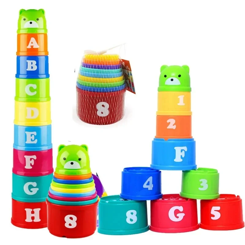 9PCS/Set Baby Intelligence Early Education Alphanumeric Rainbow Bear Folding Tower Building Block Stacking Cup Toy Children Gift
