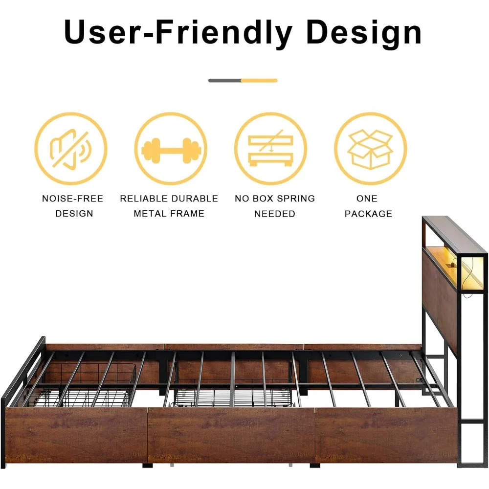 Bed Frame with Storage Headboard and 4 Drawers Bed Frame Size with Charging Station LED Lights Metal Platform Non-Sl image 4