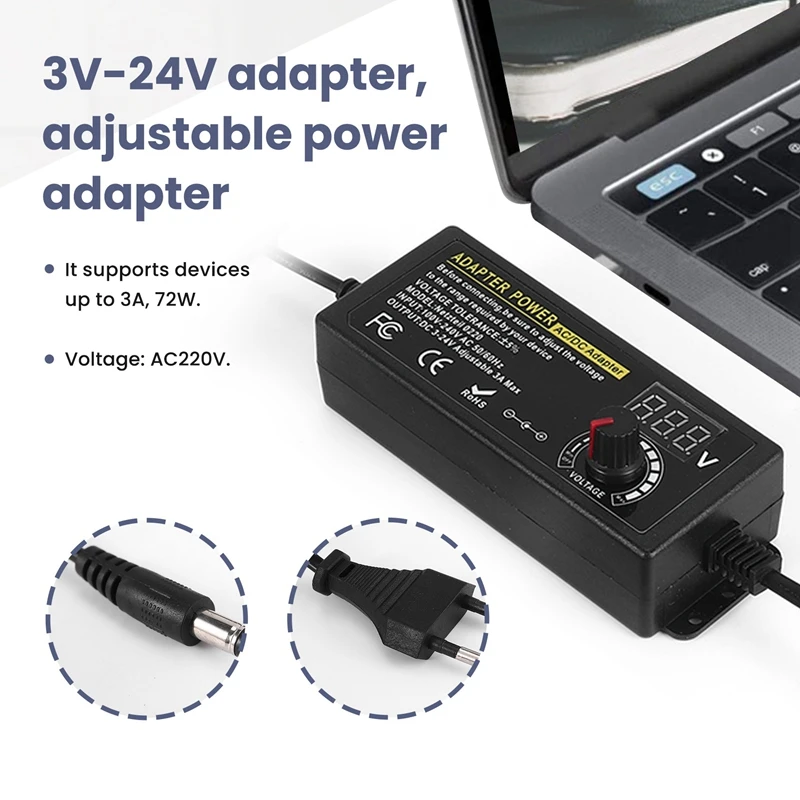 24V3A 72W universele voeding, AC naar DC 3V-24V adapter Verstelbare voedingsadapter met LED-spanningsweergave Eu-stekker