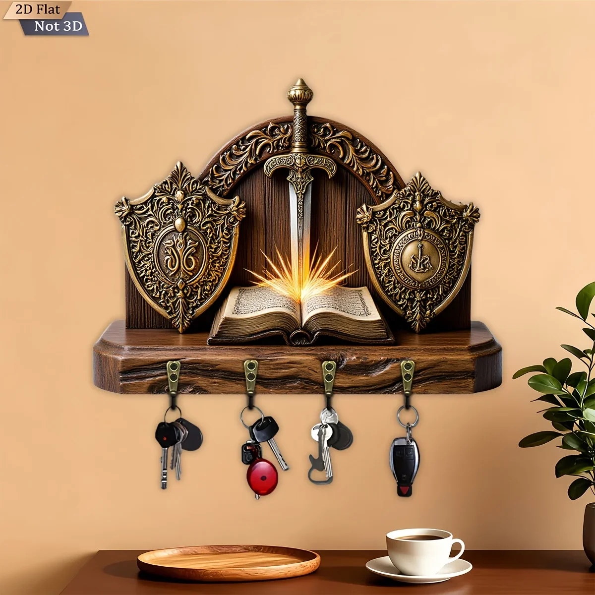 2D Flat, 1pc, Shield Sword Magic Book Style Key Hook Wooden Multifunctional Home Key Rack with Four Metal Hooks, Wall