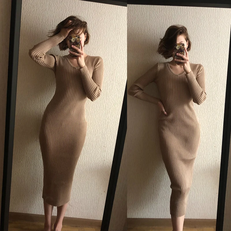 BabYoung Dames Herfst Gebreide V-hals Sexy Slanke Elastische Oversized Basic Bodycon Trui Winter Gebreide Warme Lange Jurk