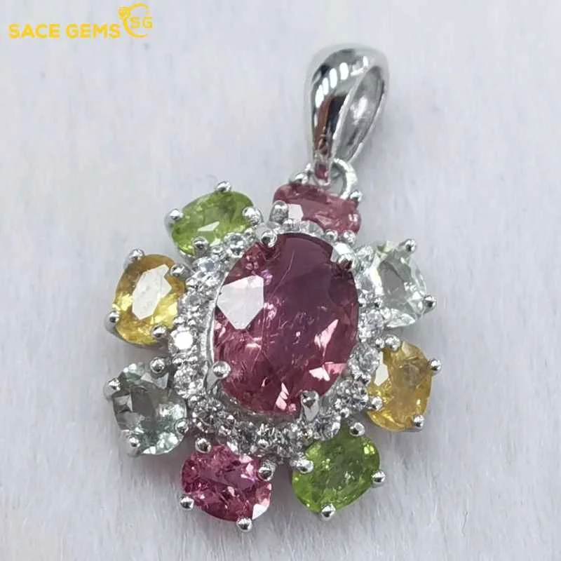 

SACE GEMS Luxury 100%925 Sterling Silver Colourful Tourmaline Pendant Necklaces for Womne Sparkling Fine Jewelry Birthday Gift