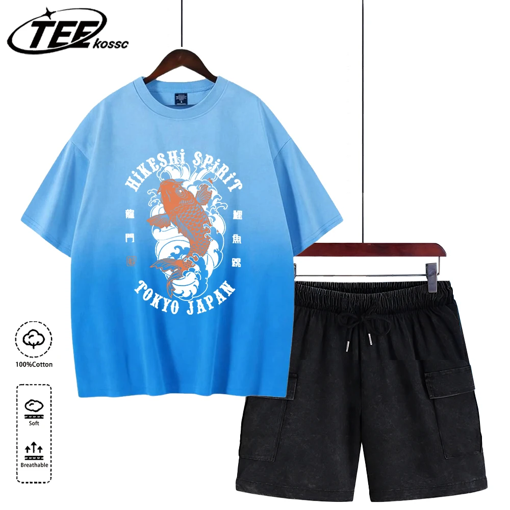 

Мужская летняя футболка с принтом брокадированного карпа в стиле тай-дай, с карманом, из хлопка, с коротким рукавом, свободного кроя, повседневная, комфортная, в стиле «токио-джапан», с эффектом поношенности