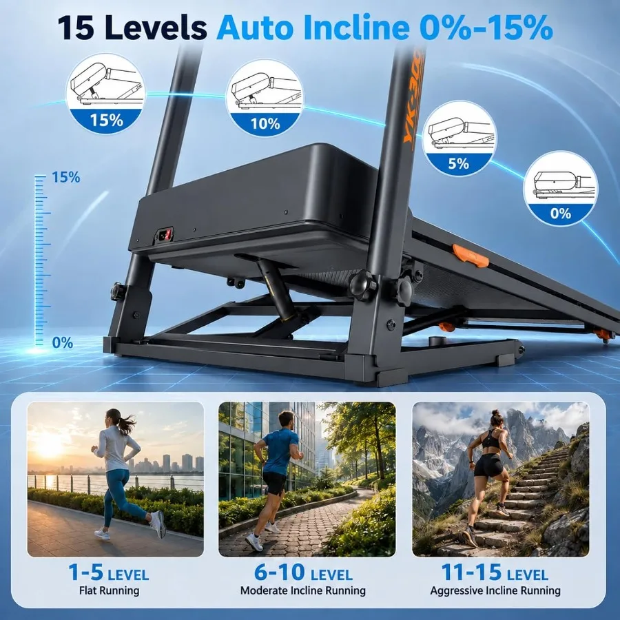 Foldable treadmill for home gym use, steel frame, black finish, 15 auto incline and built-in speaker