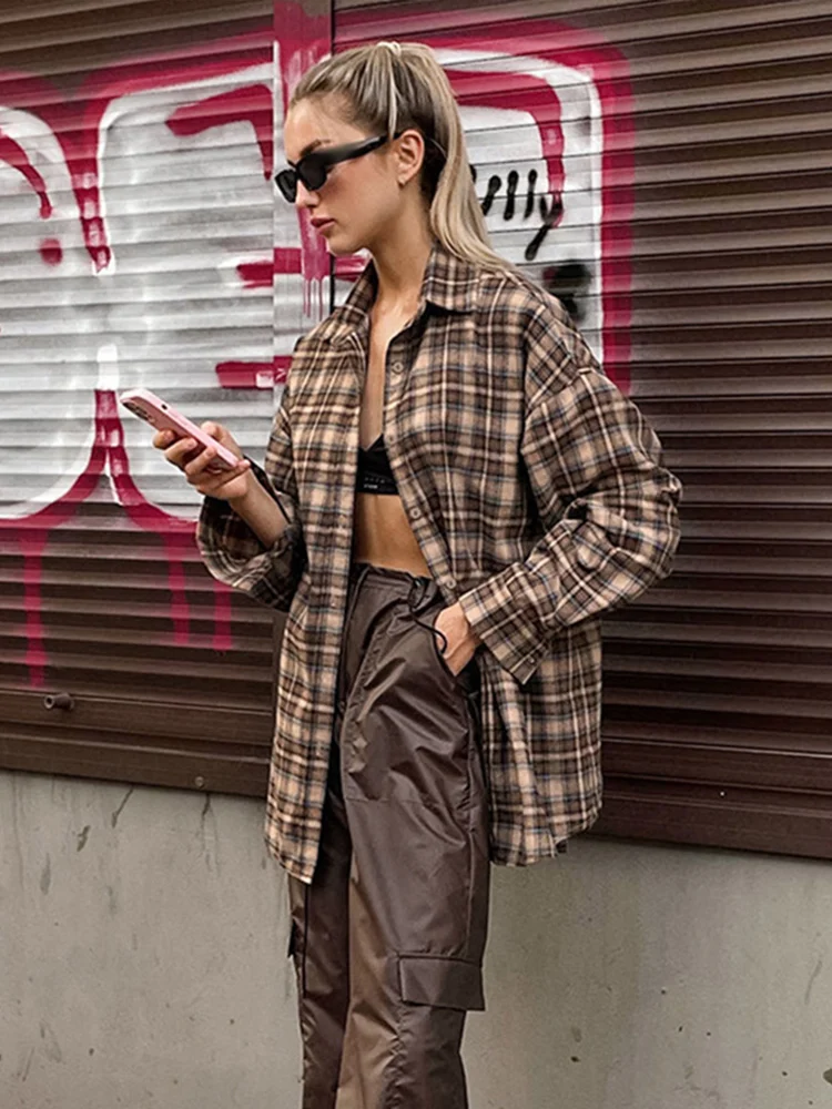 

Casual Plaid Shirt Woman Loose 2025 Spring Lapel Buttons Women's Coat Full Sleeve Cozy Vintage Khaki Tops Office Lady Blouses