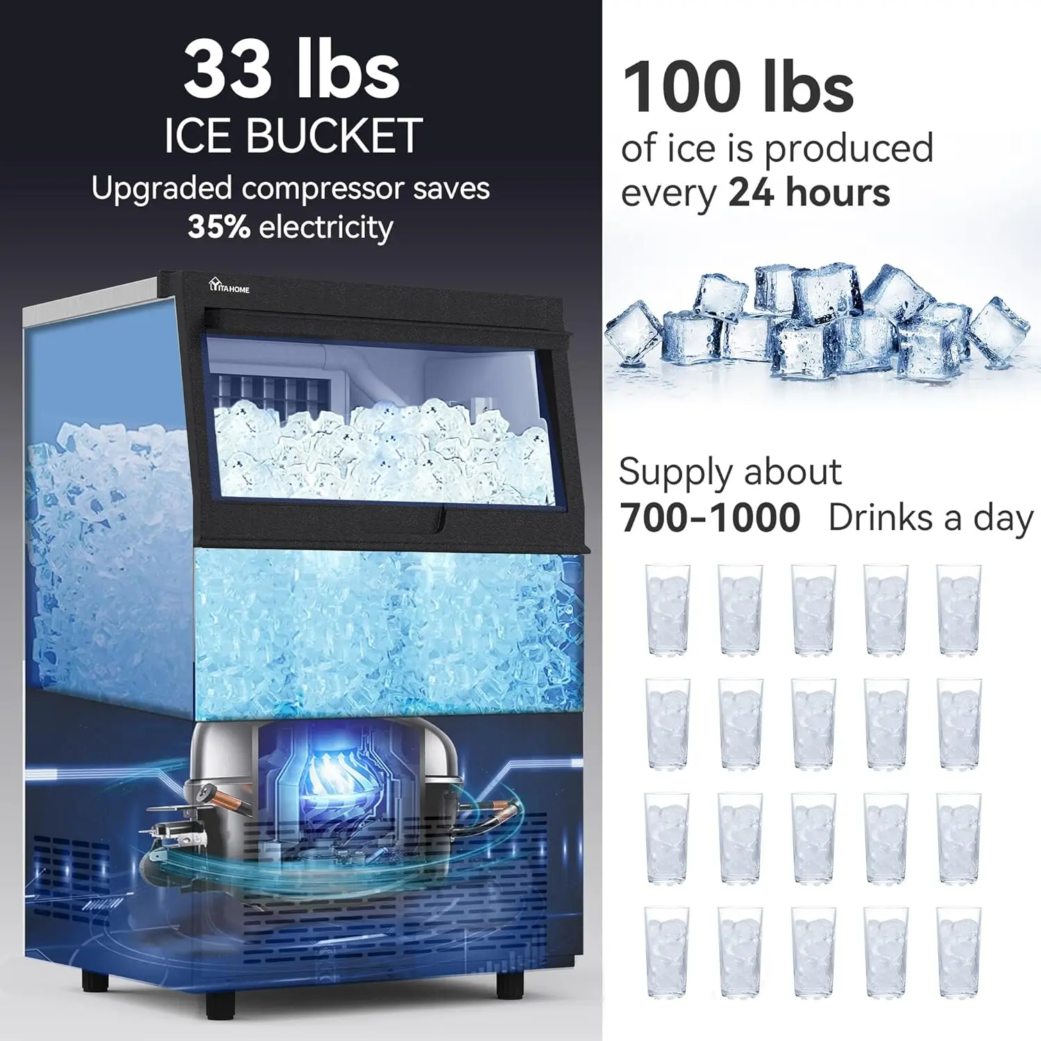 Upgraded Commercial Ice Maker Machine 100LBS Ice Maker with 33LBS Storage Bin LCD Panel with Blue Light & Stainless Steel Scoop