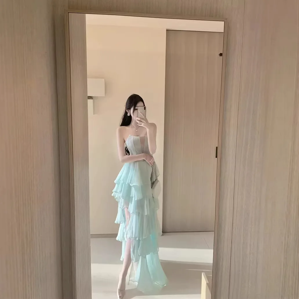 Sexy Strapless Long Dresses For Women Design Stacked Lotus Leaf Edges Asymmetrical Birthday Party Evening