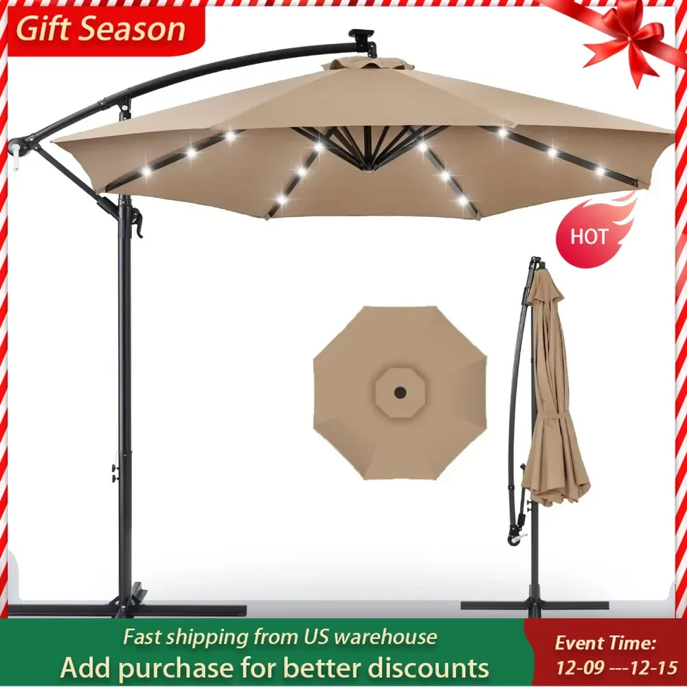 10ft Solar LED Offset Hanging Market Patio Umbrella for Backyard,Poolside,Lawn and Garden W/Easy Tilt Adjustment,Polyester Shade