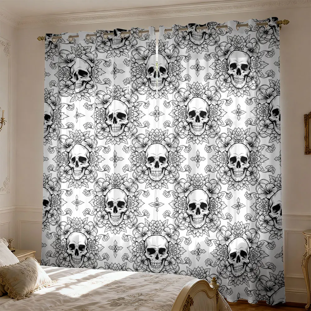 2pcs retro skull and flower print curtains for bedroom providing privacy and adding fashionable decorative touch to your home
