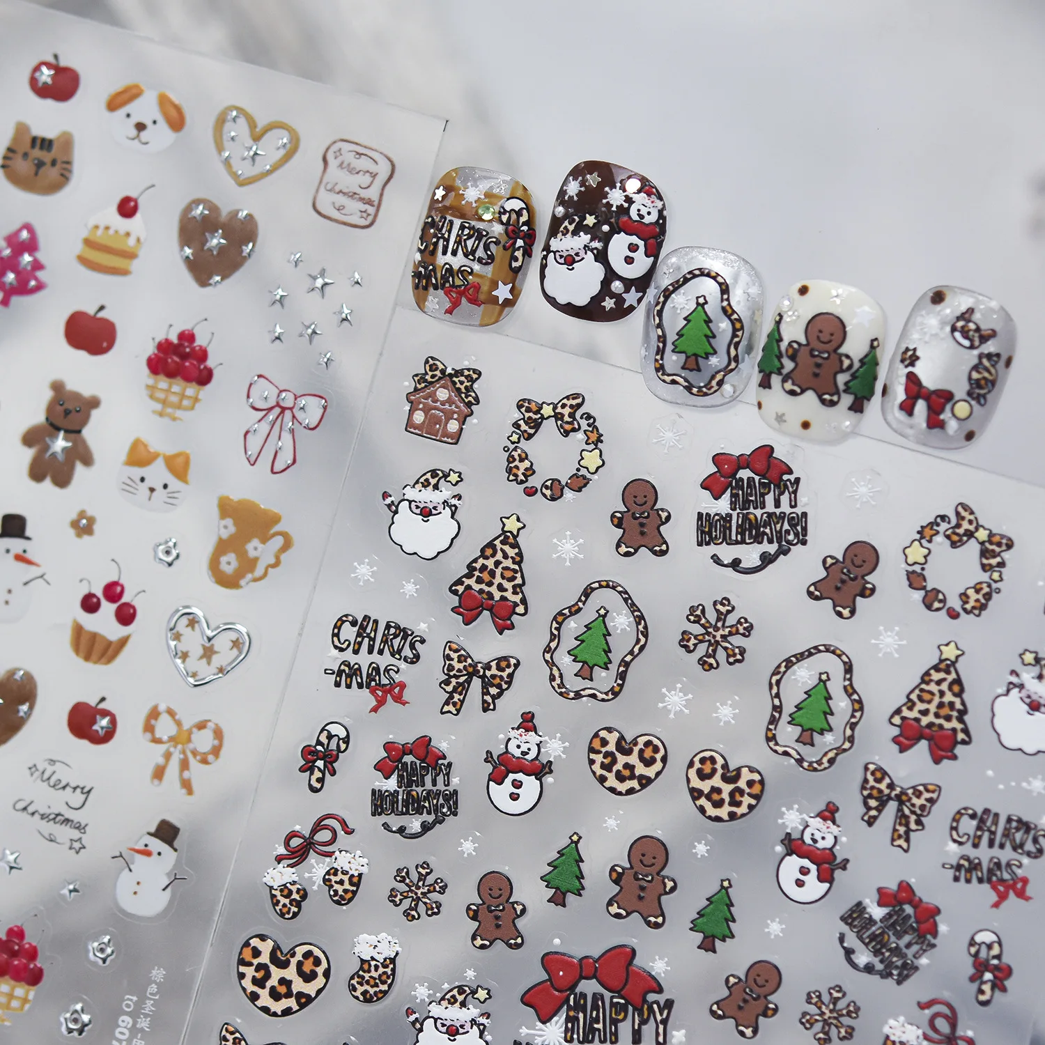 5D Xmas Nail Stickers Leopard Print Christmas Tree Bow Heart Gingerbread Santa Snowman Wooden House Gift Box Candy Cane Decals