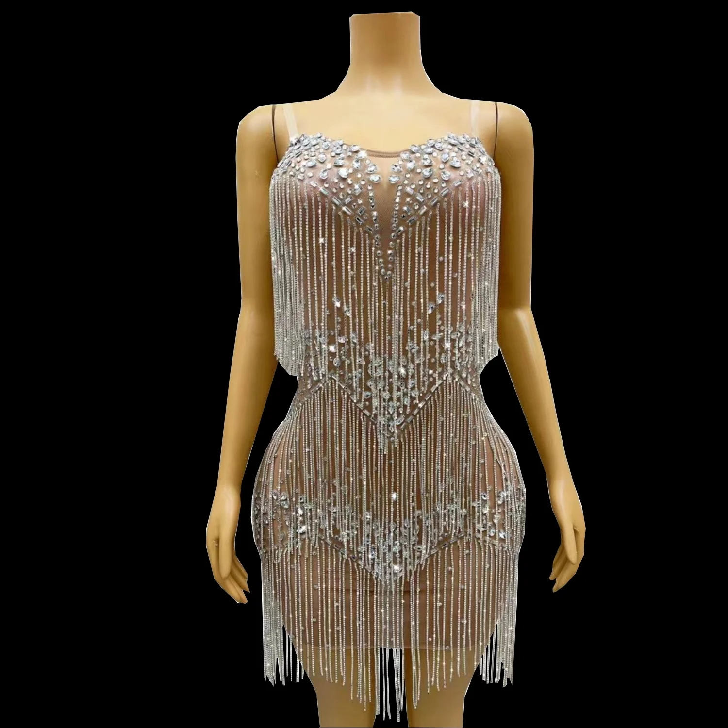 

Summer Crytals Fringes Designed Rhinestones Dress Women Sleeveless Dress Birthday Celebrate Costume Evening Dance Gown Liushui