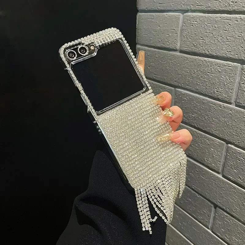 Luxury Full Bling Rhinestone Tassel Silver Diamond Phone Case For Samsung Galaxy Z Flip7 Z Flip6 Z Flip5 4 /MixFlip /Razr50Ultra