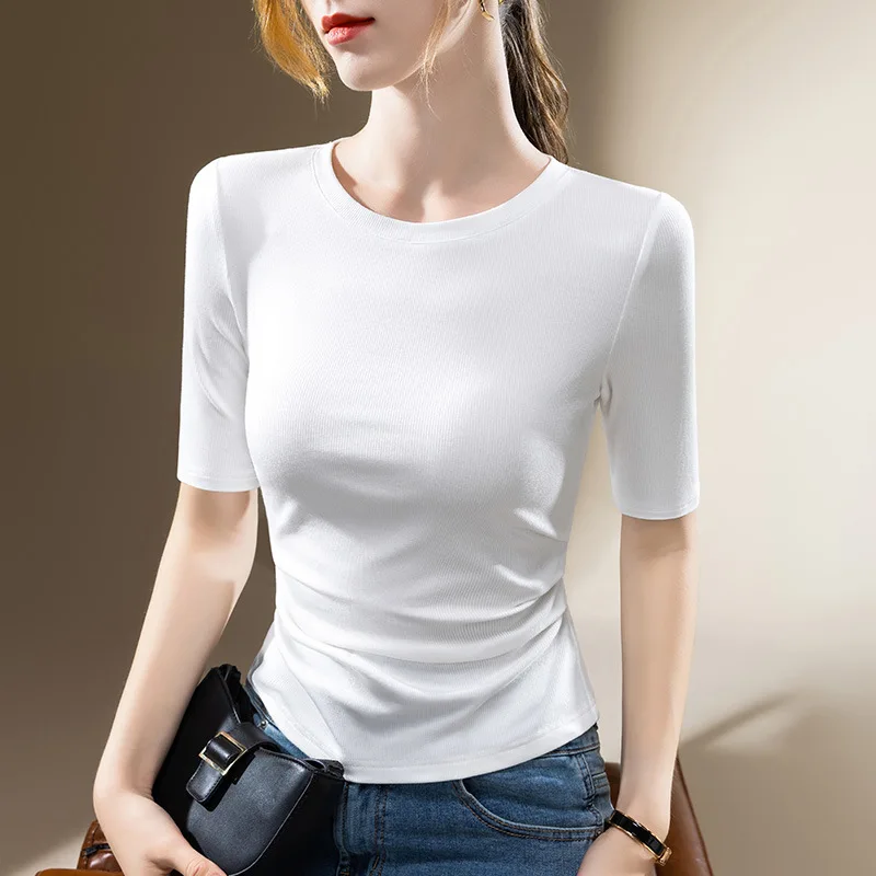 

Half SleevetWomen's-shirt2024New women's solid color round neck ribbed short-sleeve-shirt with pleated waist and elastic top