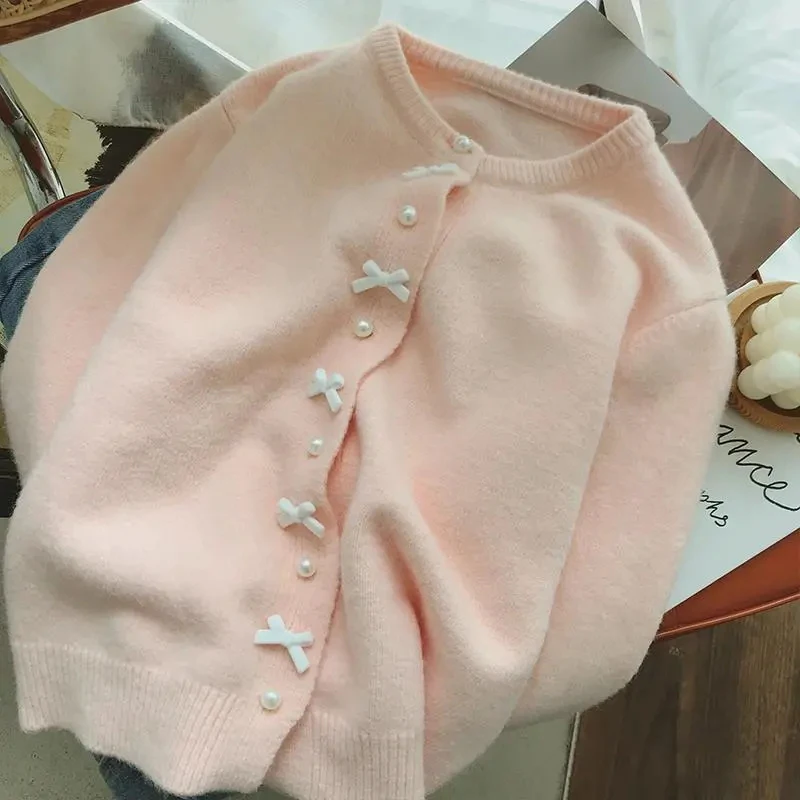 Autumn Sweet Bow Knitted Cardigan Women 2023 Korean Casual All-Match Cardigans Woman Gentle Style Pearl Buttons Sweater Jacket