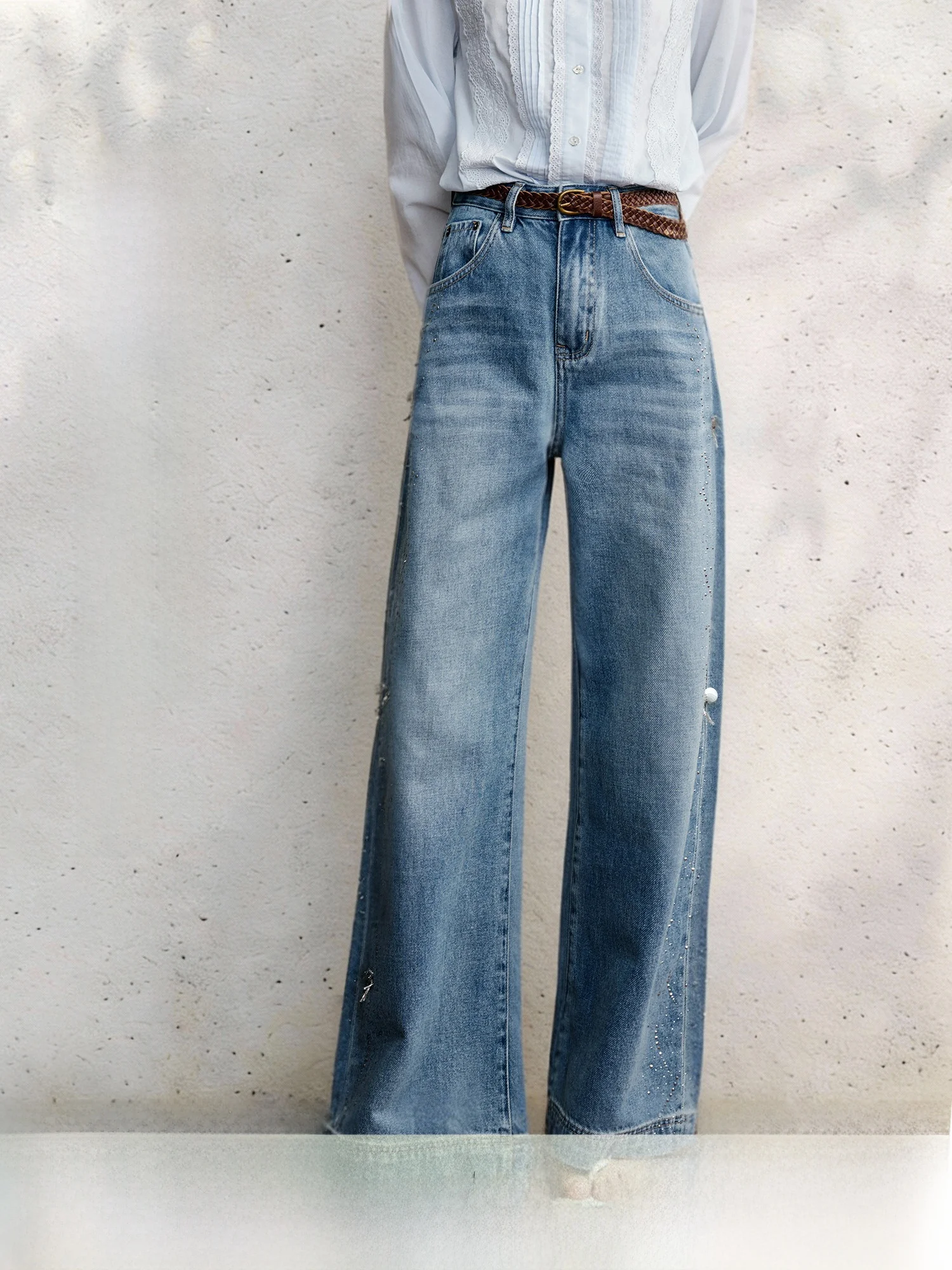 

Blue Denim Wide Leg Pants Women's Long Cotton Fce Loose Straight Leg Trousers Early Spring Faion Casual Comfortable Jeans