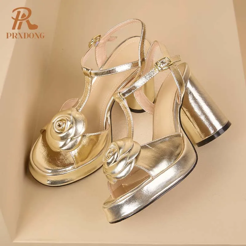 PRXDONG INS New Classics Genuine Leather Summer Shoes Woman Sandals T-strap Flowers Gold Silver Dress Party Wedding Lady Pumps