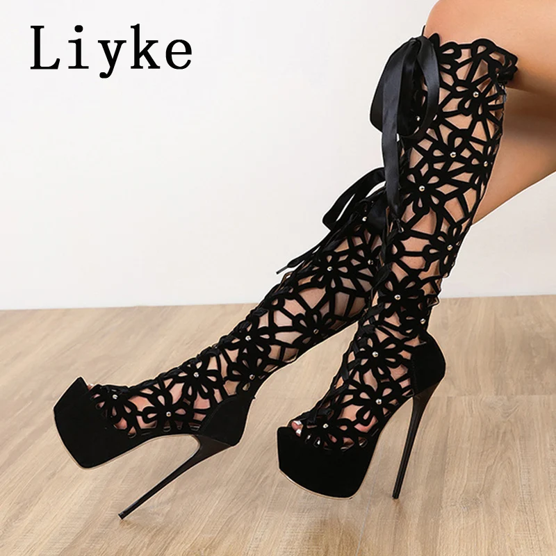 Liyke 16CM Ultra Thin High Heels Sexy Nightclub Hollow Out Over The Knee Boots Women Peep Toe Lace-Up Zip Platform Shoes Sandals