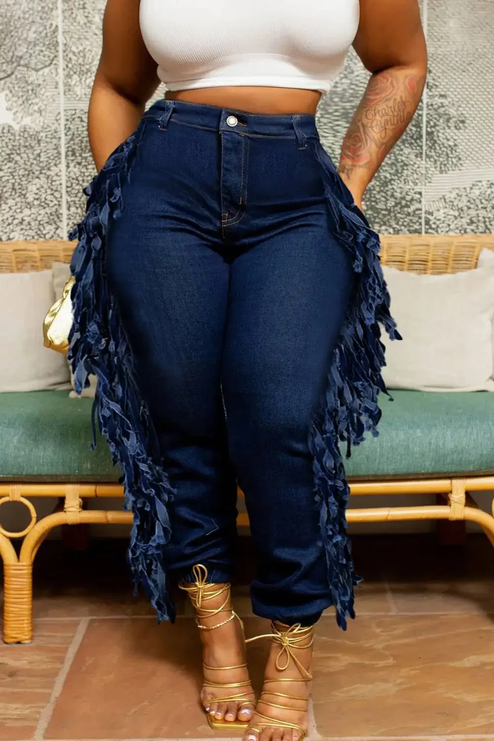 Vaqueros de talla grande para mujer, Vaqueros Cargo con flecos, cintura asimétrica, con bolsillo