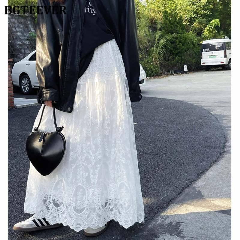 BGTEEVER Elegant Mid-Length Lace Skirts for Women Stylish Loose Froal Female A-line Skirts