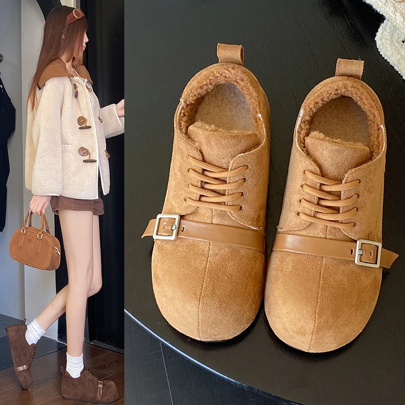 

Женские лоферы на высоком каблуке из флиса в стиле ретро, повседневные кроссовки нового стиля осени-зимы 2025 года, теплая хлопковая обувь