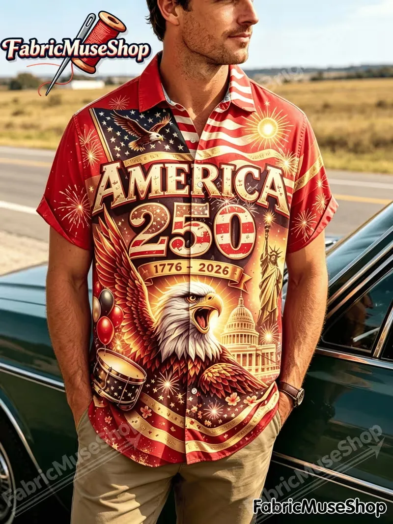 

Men's America 250th Anniversary 1776‑2026 Eagle Flag Print Hawaiian Shirt Patriotic Short Sleeve Lapel Button Down Beach Shirts