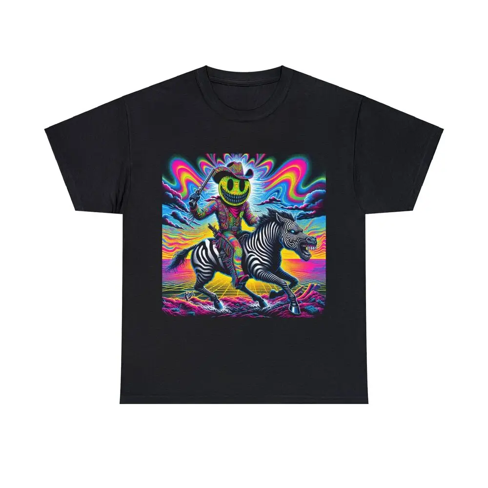 Psychedelic Zebra Rider Neon Western Smiley Face Trip Graphic T-shirts For Men Clothing Women Short Sleeve Tees High Quality