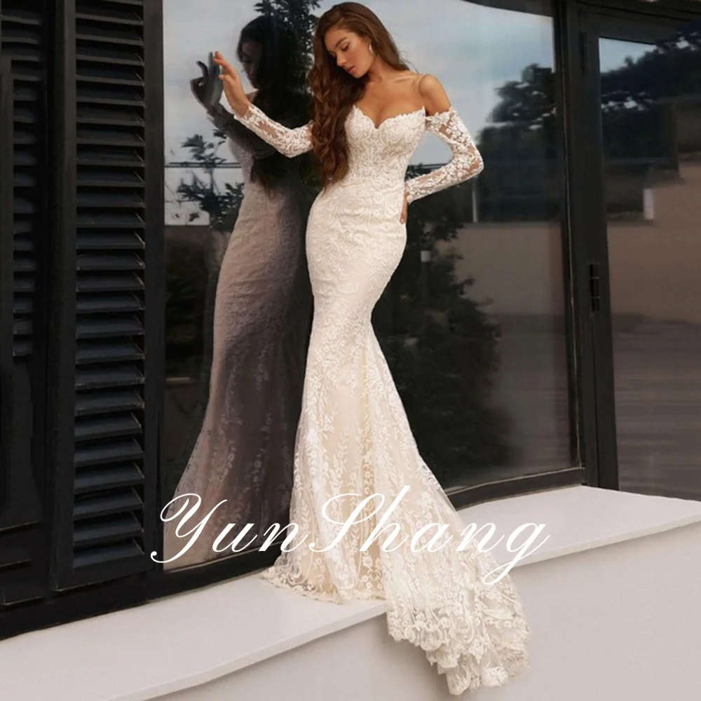 Yunshang Sexy V-Hals Trouwjurk Lange Mouw Kant Appliques Strand Zeemeermin Bruid Jurk Rugloze Tule Sweep Trein Robe De Mariée