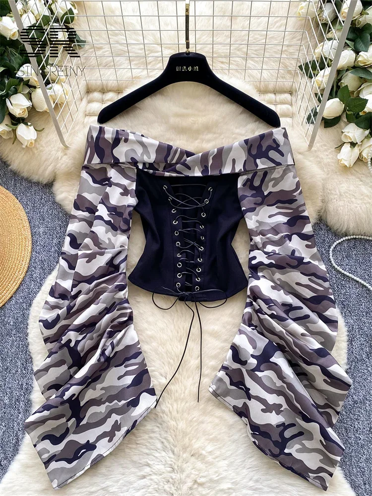 

Autumn Camouflage Print Blouse Female Off Shoulder Sensual Short Shirt 2025 Fashion American Retro Lace Up Casual Top