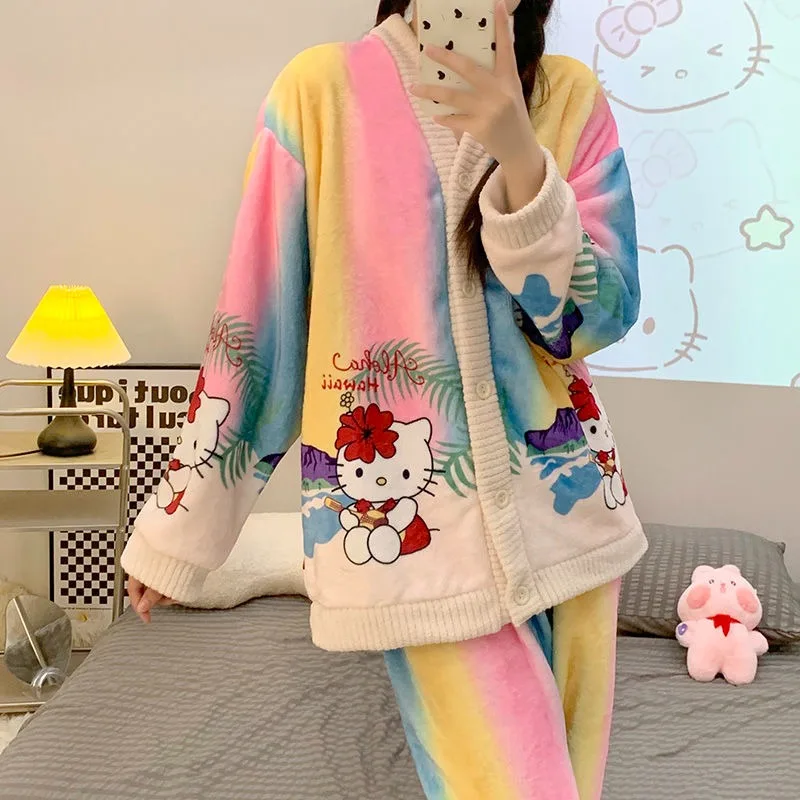 

Sanrio Hello Kitty Cinnamoroll anime pattern flannel women's autumn and winter pajamas thickened cartoon home clothes set