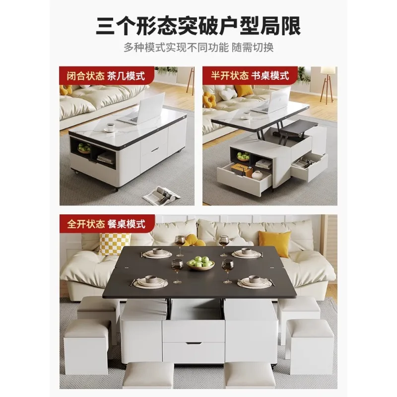 Multi functional rock slab lifting coffee table, dining table one in one small household with stool, living room, movable