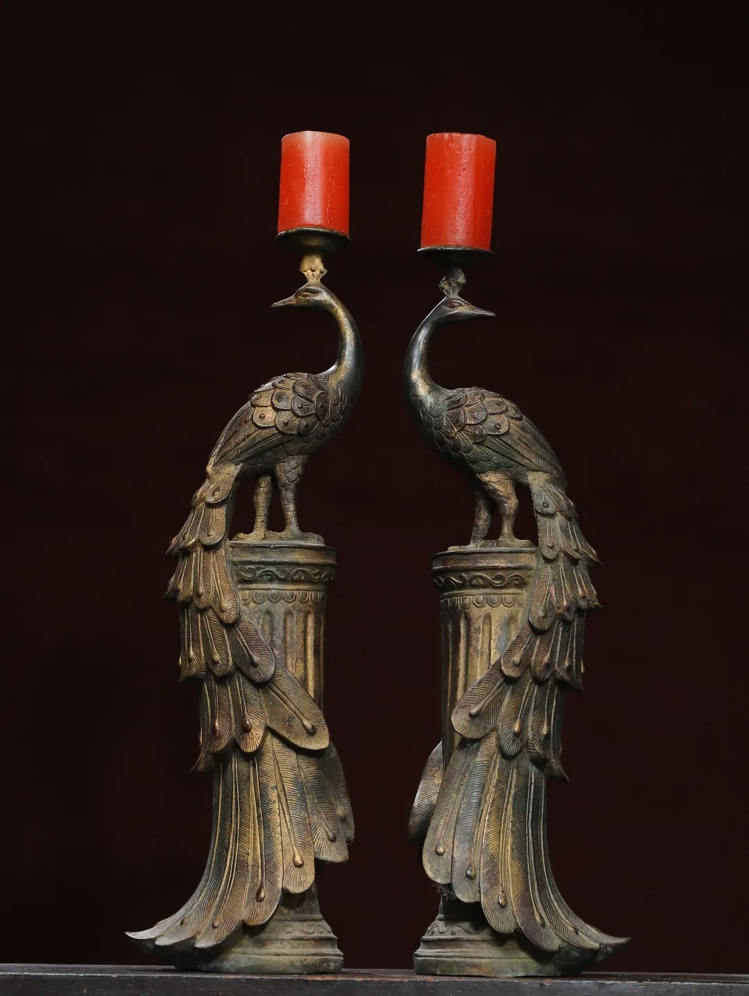 

20"Tibetan Temple Collection Old Bronze Cinnabar Mud gold Phoenix Statue Candlestick A Pair Amass wealth Ornaments Town house