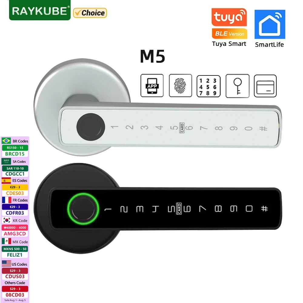 RAYKUBE M5 Tuya BLE Smart Fingerprint Door Lock Electronic Lock with Password/Key/Card/Smartlife/Tuya APP Unlock For Bedroom