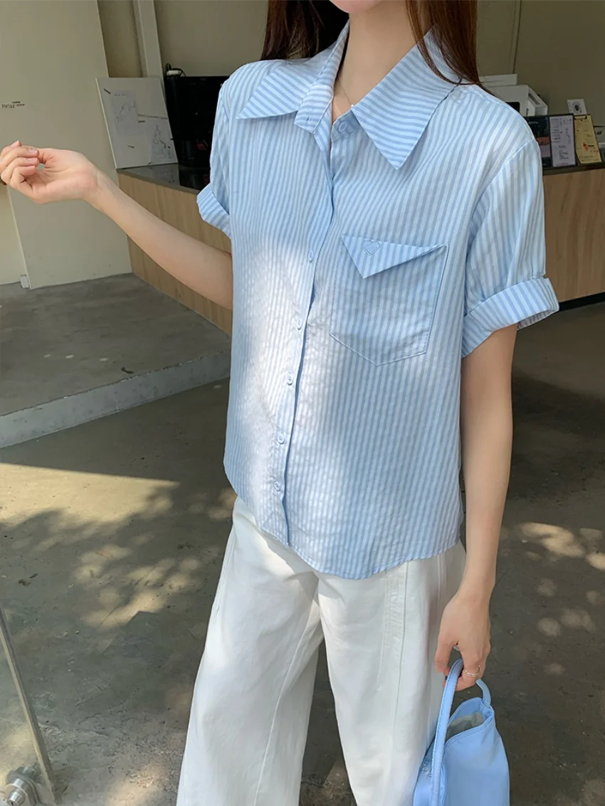 Alien Kitty Stripes 여성 루즈 셔츠 세련된 여름 2025 짧은 소매 모든 경기 패션 부드러운 작업복 데일리 캐주얼 New