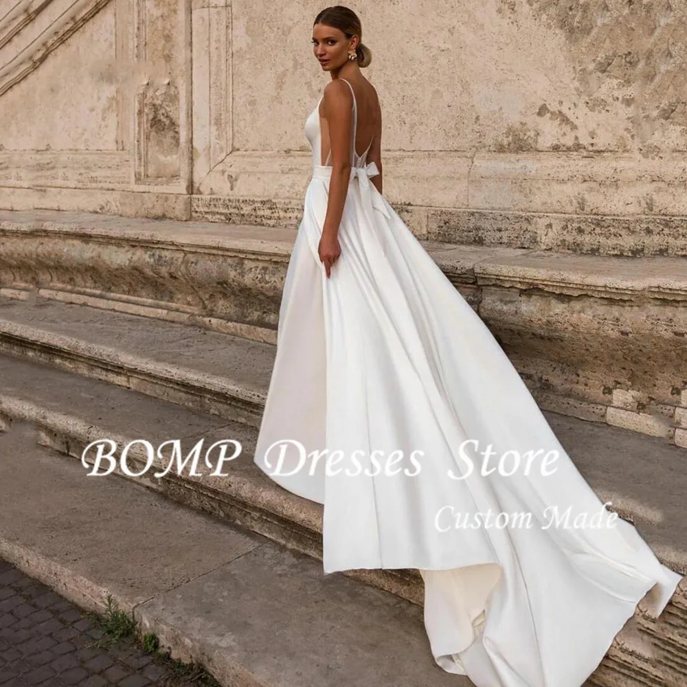 BOMP-Vestidos de Novia de corte en A, tirantes finos de satén personalizados, Vestidos de Novia sexys con espalda descubierta, cola de barrido, Vestidos de Novias Boda 2025