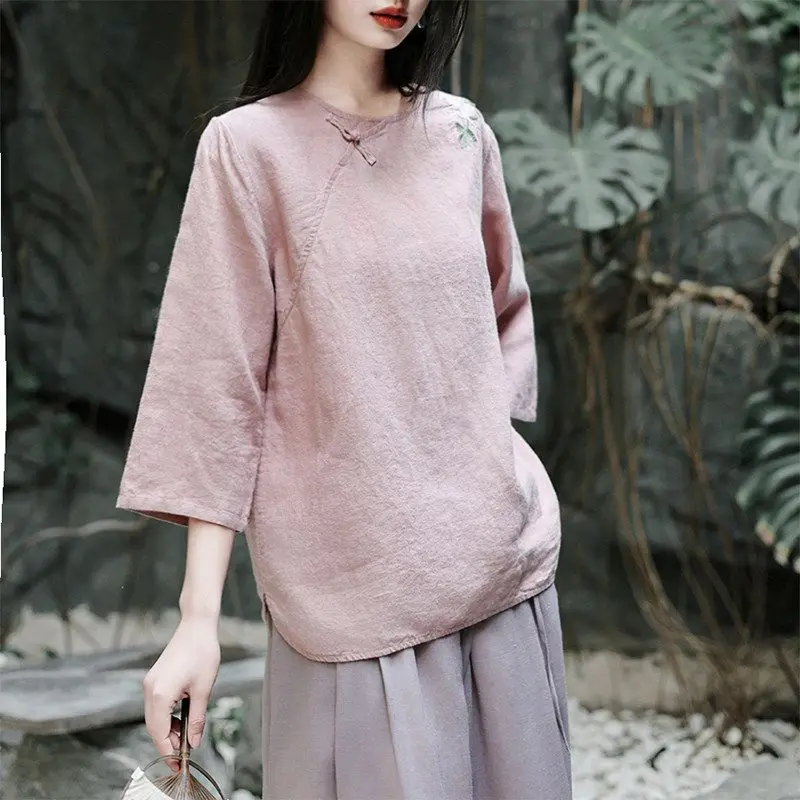 

New Chinese Style Loose Cotton Linen Women's Base Shirt Cover Belly Spring Summer New Arrival Comfortable T-Shirt