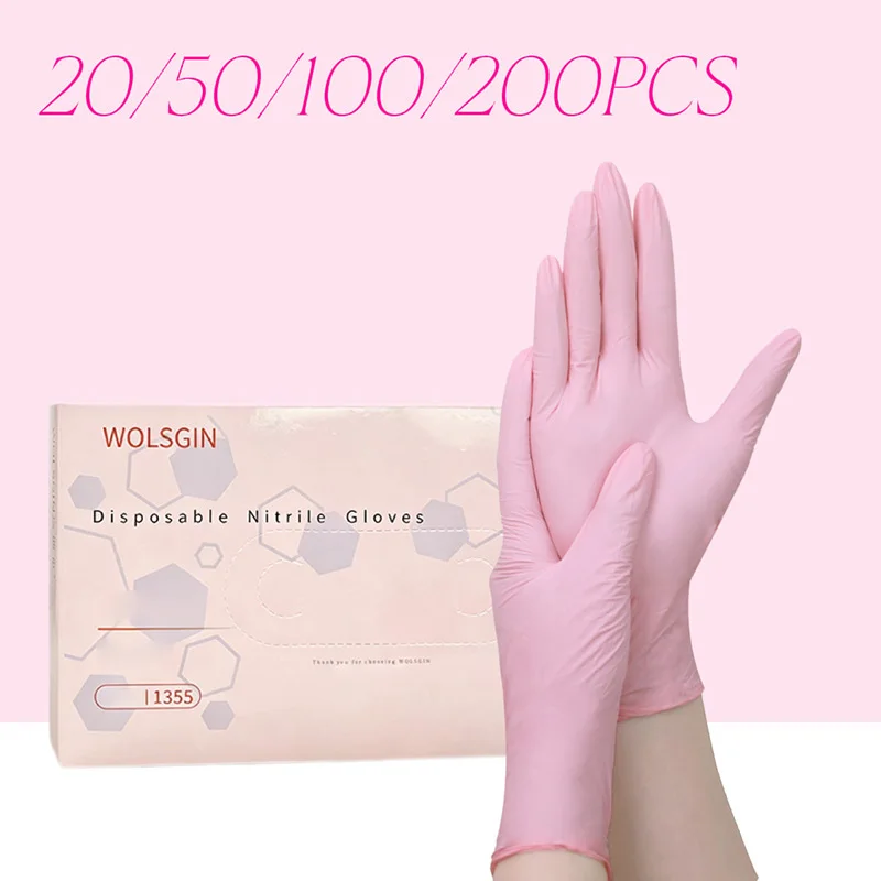 Gants en nitrile rose jetables, sans poudre, pour le nettoyage domestique, les salons de beauté, le travail, la cuisine, 20/50/100/200