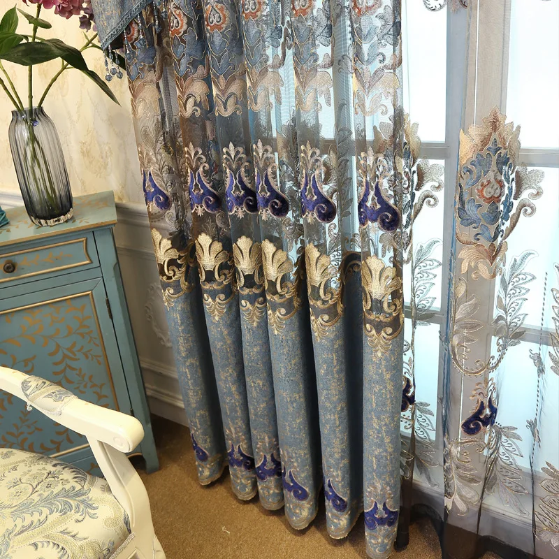 

Custom size European Living Room Blue Chenille Jacquard Hollow Water-soluble Embroidered Villa Curtain Cloth Finished Product