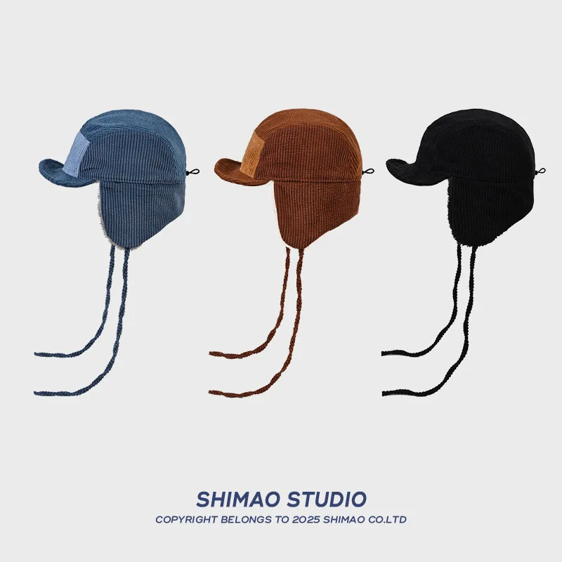Corduroy Plush Splicing Baseball Cap Cold Ear Protection Bomber Cap Men and Women Warm Autumn and Winter Lei Feng Hat