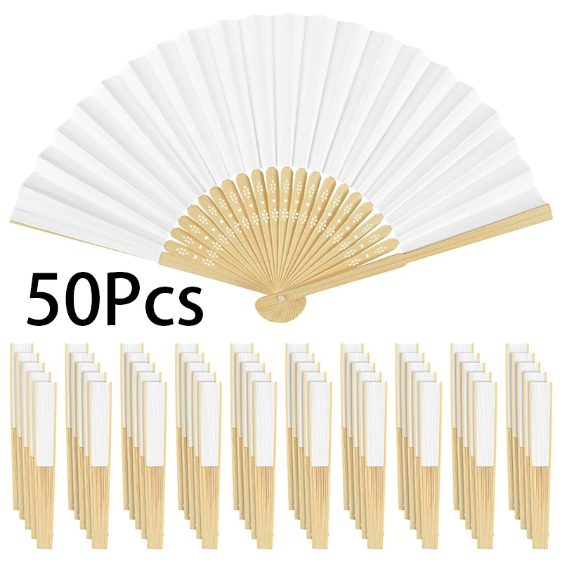 

50Pcs Hand Fan Wood White Paper Fans Church Wedding Party Favors Baby Shower Gifts