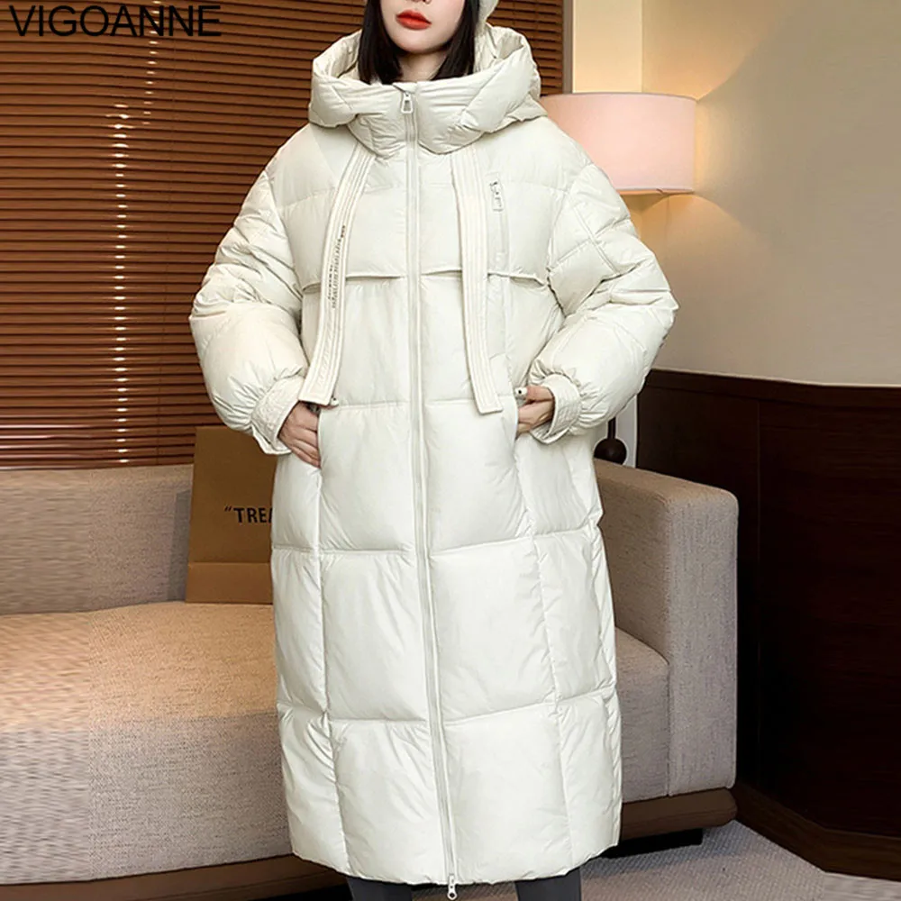 VigoAnne 2025 Loose Solid Hooded Down Long Coat Women Zipper Long Sleeve Pocket Winter Korean Jacket Lady Thick Warm Outwear