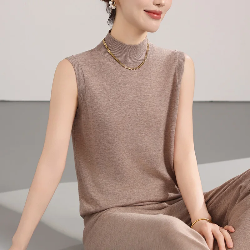 

2026 New 100% Merino Wool Sleeveless Turtleneck Pullover Sweater Women Spring Summer Simple Elegant Soft Cashmere Knitwear Top