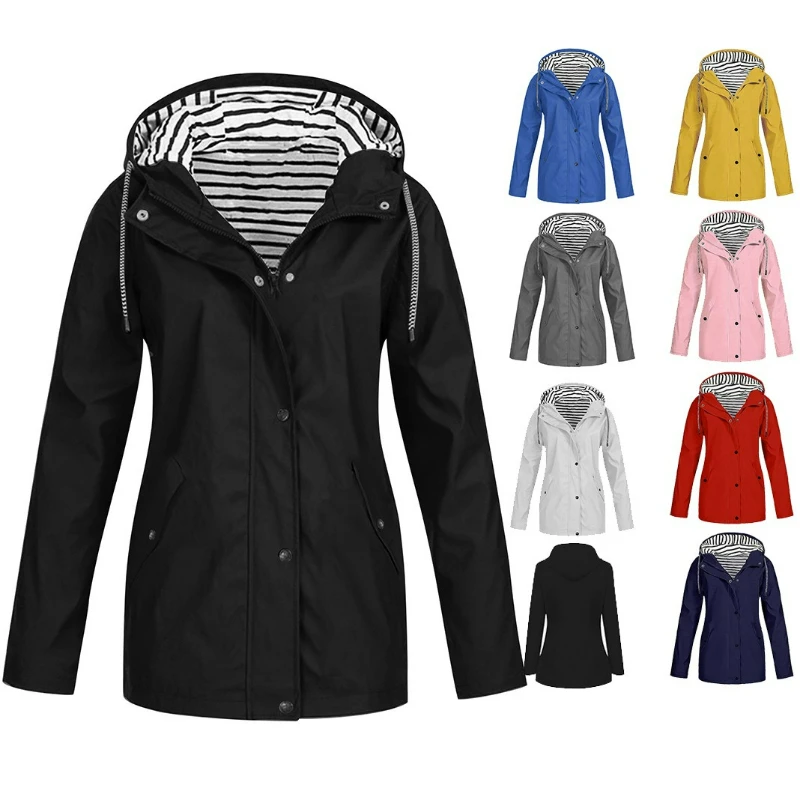

2026, весенне-осенняя женская свободная водонепроницаемая ветровка средней длины в европейском стиле большого размера, пуховик с капюшоном на молнии для женщин